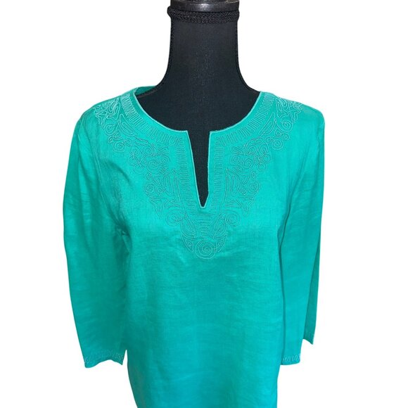 Peter Nygard Teal Linen Tunic Top Embroidered Detail 8 Sustainable Minimalist - Picture 3 of 9
